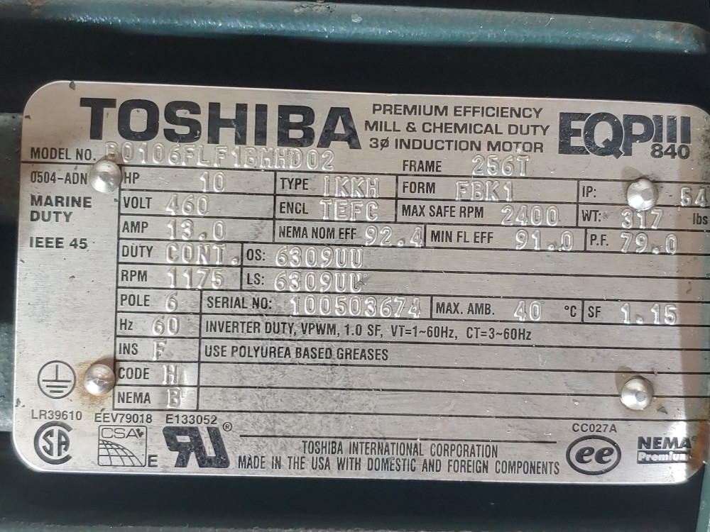 Toshiba10HP Premium Efficiency Mill & Chemical Duty 3Ø Ind.Motor B0106FLF1BMHD02