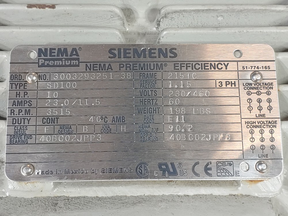 Siemens 10 HP 230/460 Volts, 3515 RPM, Type SD100 Electric Motor 3003293251-38