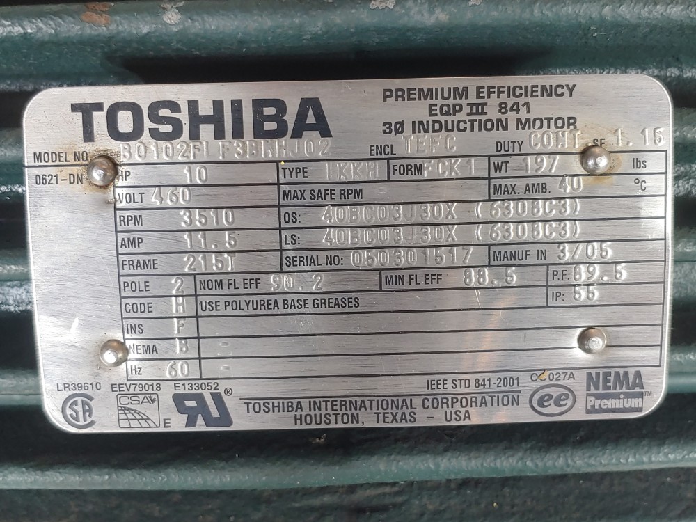 Toshiba 10HP 3510 RPM Nema Premium Efficiency Motor B0102FLF3BMHJ02
