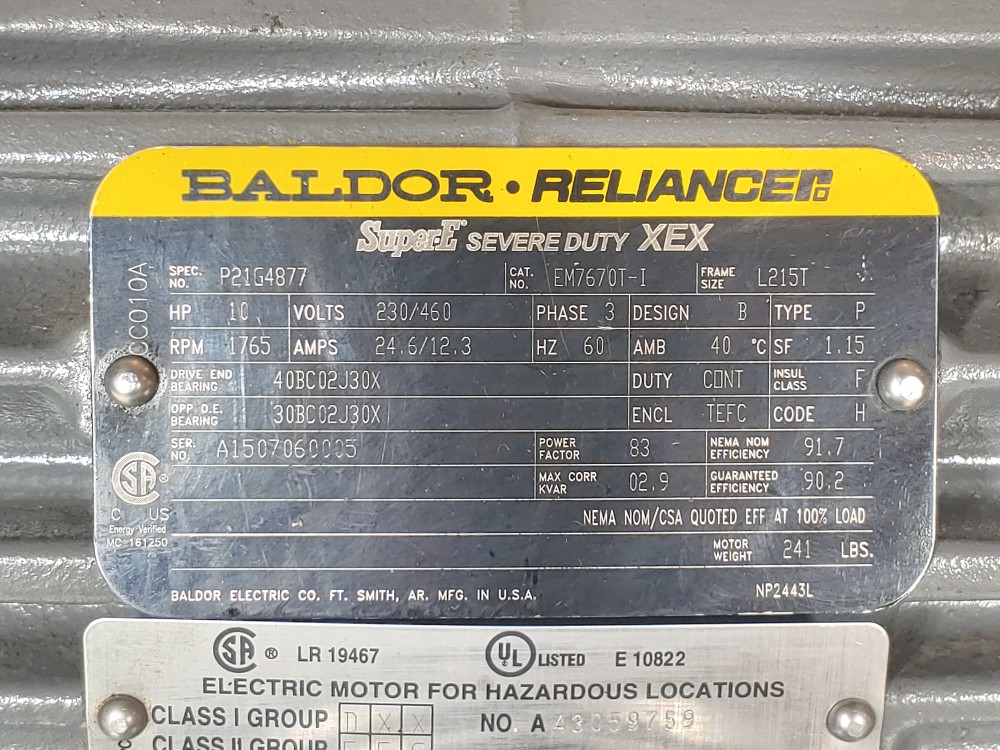 Baldor Reliance 10HP Super-E Severe Duty XEX 1765 RPM EM7670T-1