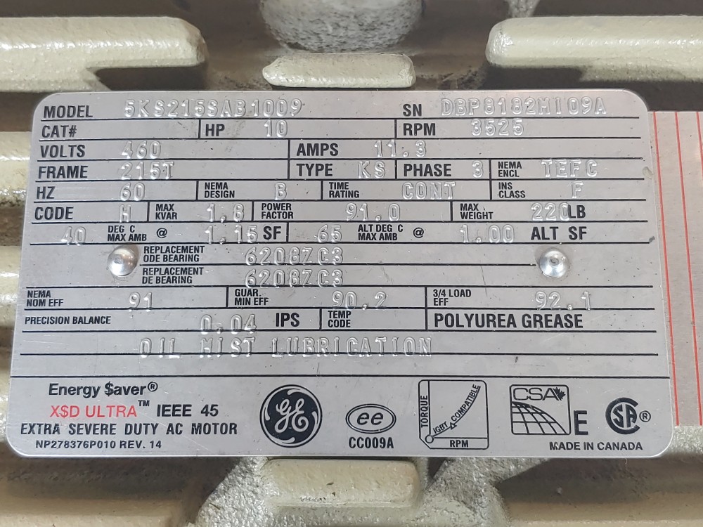 General Electric 10HP Energy Saver Extra Severe Duty AC Motor 5KS215SAB1009