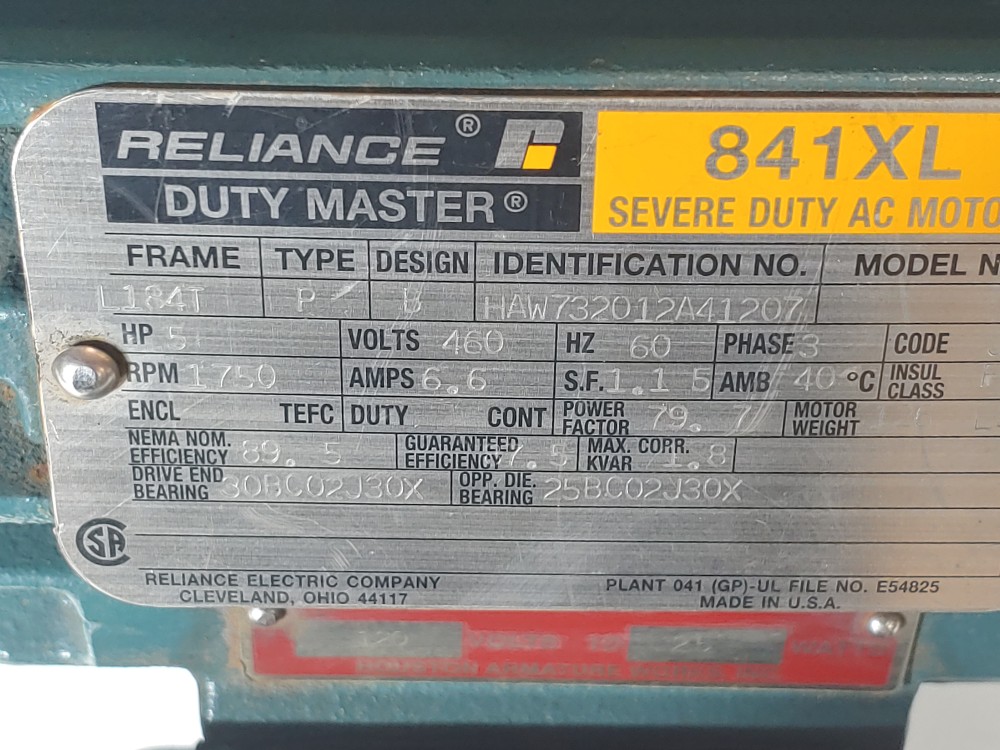 Reliance 5HP 841XL Severe Duty AC Motor Duty Master 1750 RPM HAW732012A41207