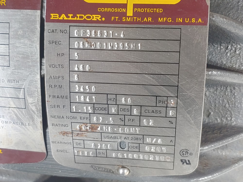 Baldor Reliance 5HP Severe Duty 3450 RPM Motor CP3663T-4