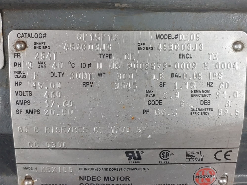 Nidec Motor 15HP Nema Premium 3Phase 3545 RPM DE05 Motor