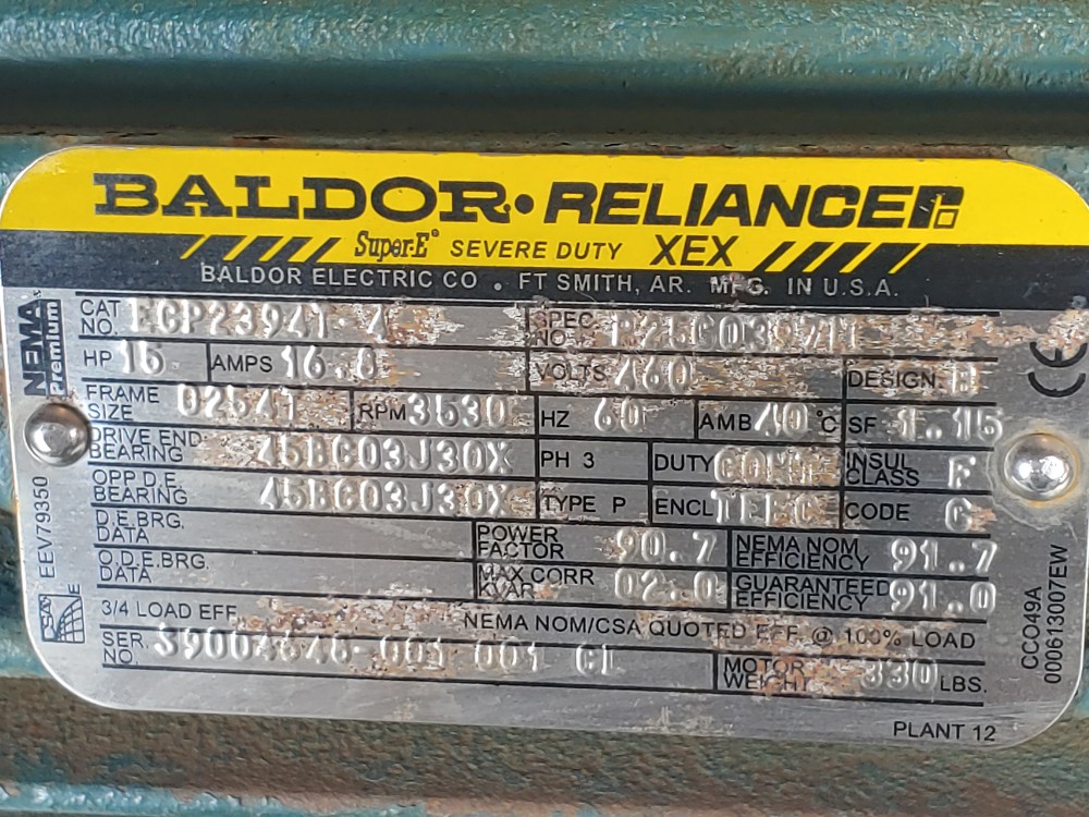 Baldor Reliance 15HP Super-E Severe Duty XEX 3530 RPM ECP2394T-4