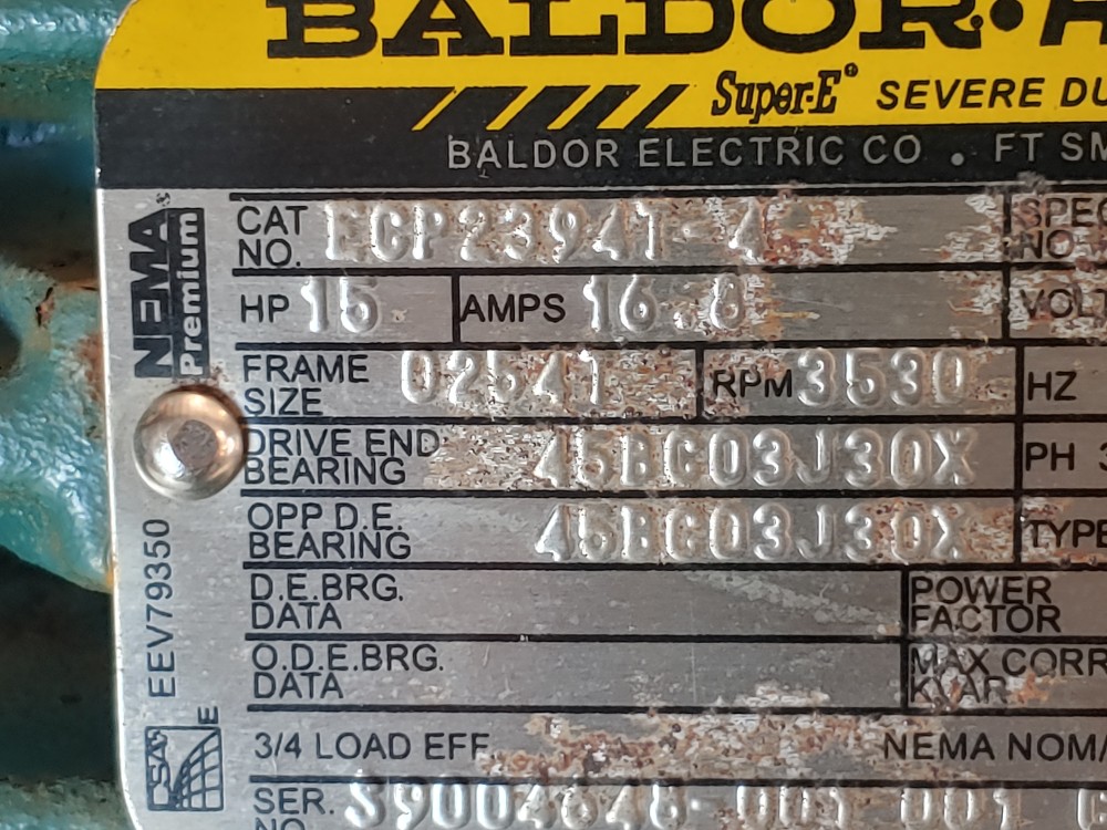 Baldor Reliance 15HP Super-E Severe Duty XEX 3530 RPM ECP2394T-4