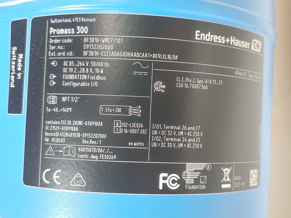 Endress Hauser 4" 300# AlloyC-22 Proline Promass F 300 Flowmeter 8F3B1H-WMC7/101