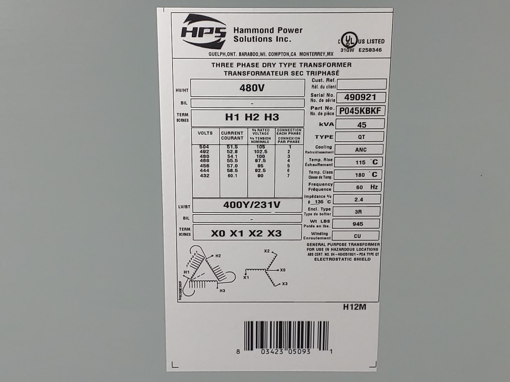 Hammond Power Solutions Three Phase Dry Type Transformer P045KBKF