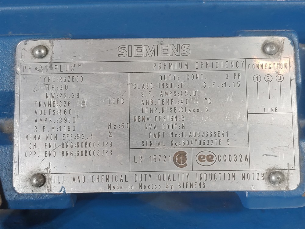 Siemens 30 HP Electric Motor Type: RGZESD RPM 1180 