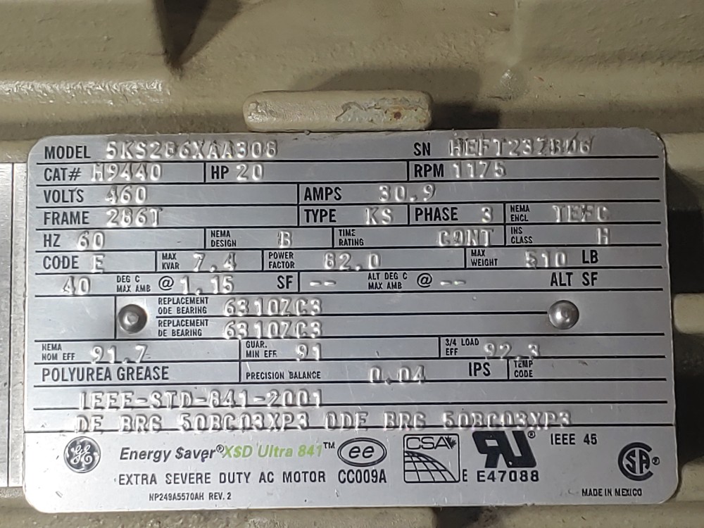 GE 20HP M9440 Extra Severe Duty AC Motor Model#: 5KS2B6XAA308
