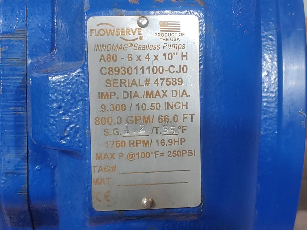 Flowserve Innomag A80 -6x4x10" H Sealless Centrifugal Pump W/ Siemens 25HP Motor