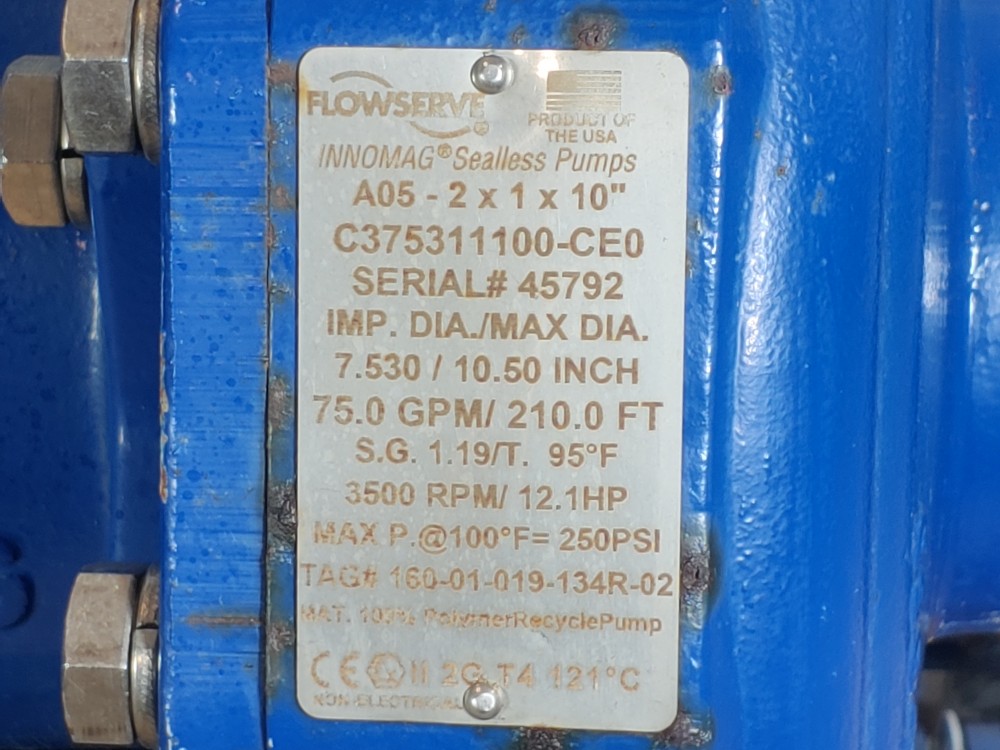 Flowserve Innomag  A05-2x1x10"-CEO Sealless Centrifugal Pump 20HP Motor