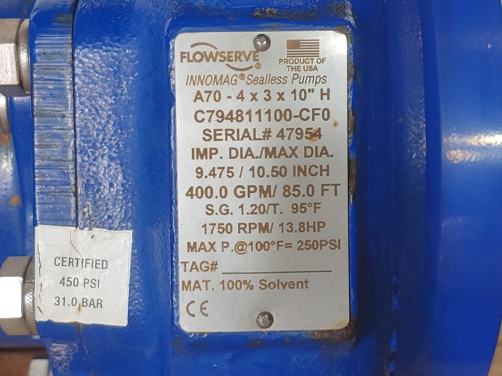 Flowserve Innomag A70-4X3X10" H Sealless Centrifugal Pump W/ Siemens 20HP 