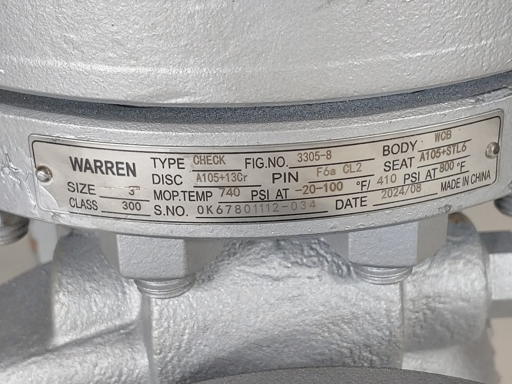 Warren 3" 300# RF WCB Flanged Check Valve Fig# 3305-8