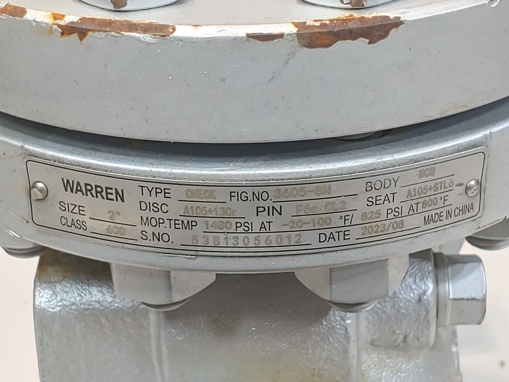 Warren 2" 600# RF WCB RF Flanged Check Valve Fig: 3605-8N 