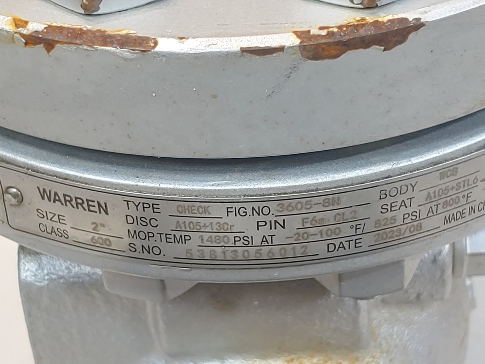 Warren 2" 600# RF WCB RF Flanged Check Valve Fig: 3605-8N 