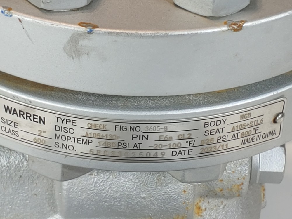 Warren 2" 600# RF WCB Flanged Check Valve Fig: 3605-8