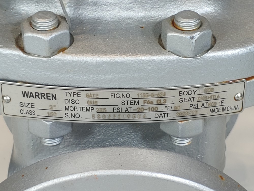 Warren 2" 150# RF Flanged WCB Gate Valve Fig#: 1153-8-624