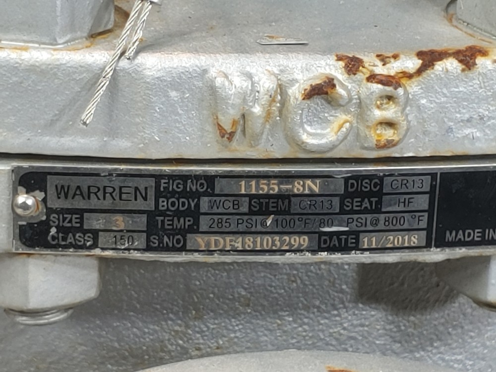 Warren 3" 150# WCB RF Flanged Gate Valve Fig# 1155-8N