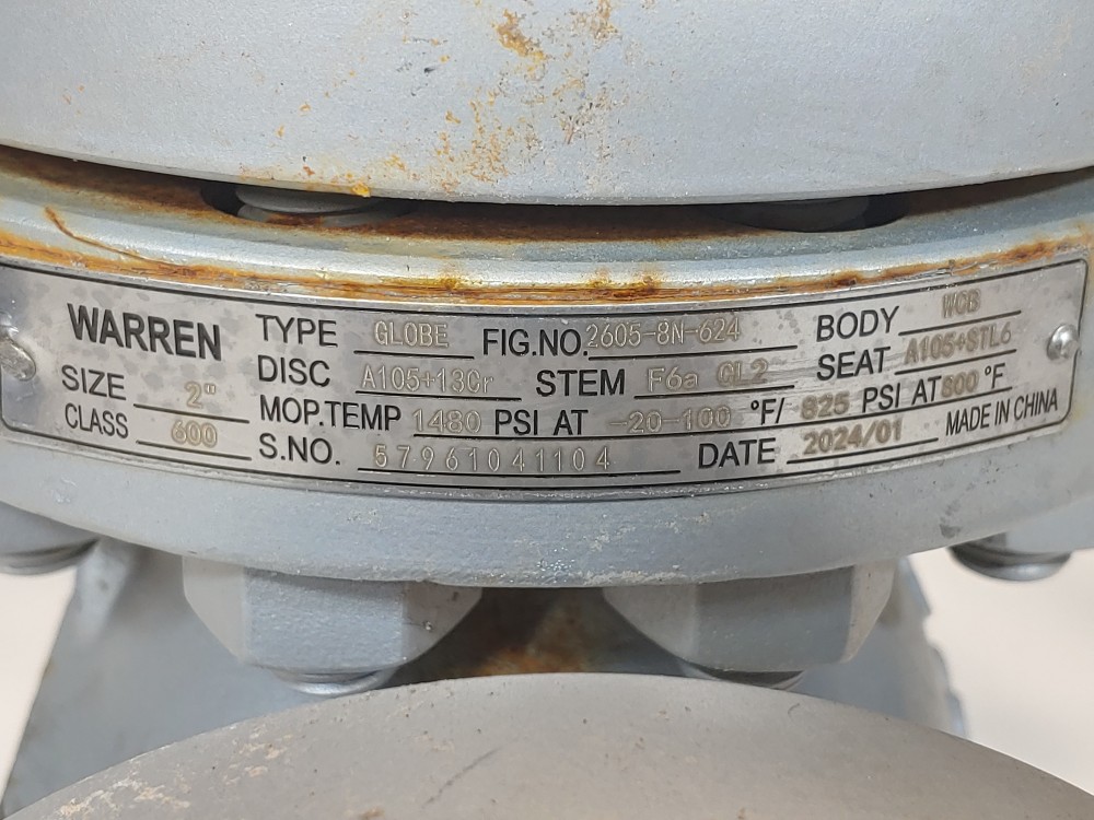 Warren 2" 600# RF Flanged WCB Globe Valve Fig#: 2605-8N-624