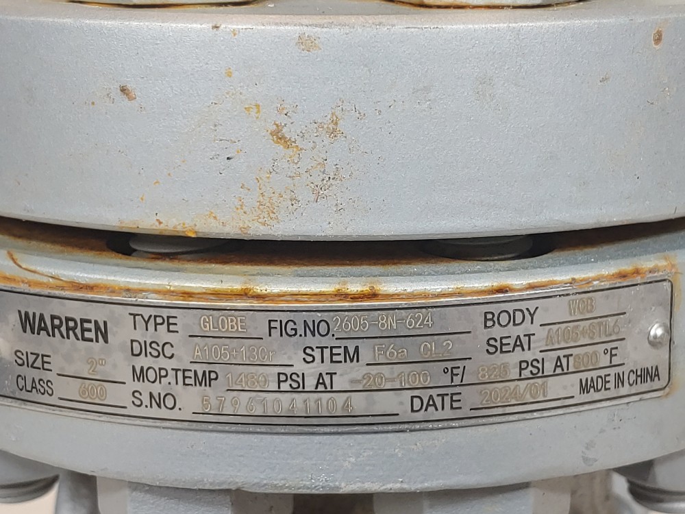 Warren 2" 600# RF Flanged WCB Globe Valve Fig#: 2605-8N-624