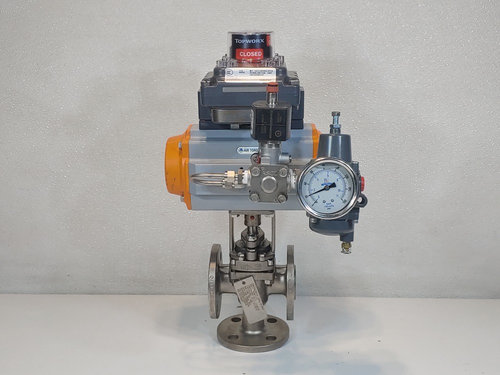 AZ Armaturen 1" 150# CF8M 3-Way Flanged Plug Valve w/Actuator & Limit Switch 