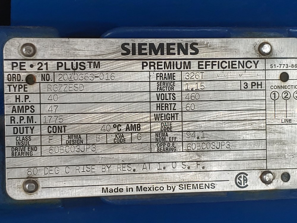 Siemens 40HP PE-21 Plus TM Premium Efficiency Motor 1775 RPM