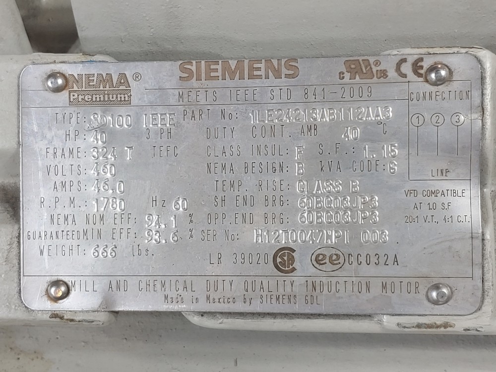 Siemens 40HP NEMA Premium Severe Duty Electric Motor Type: SD100 IEEE