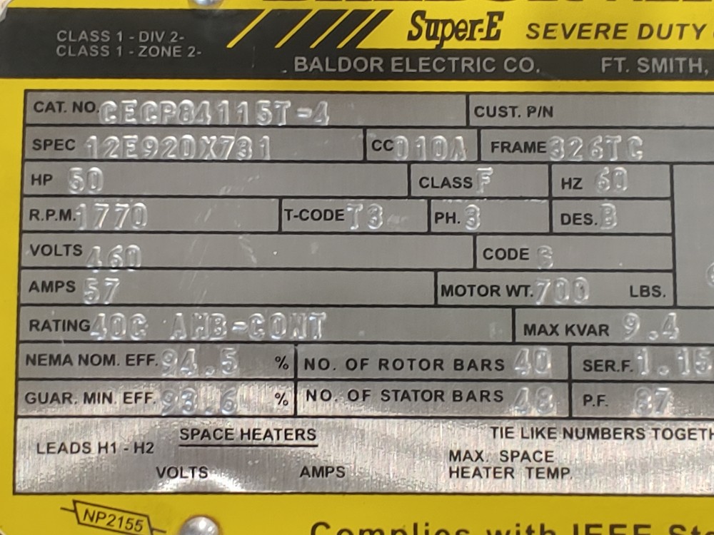 Baldor Reliance 50HP Severe-E Duty Motor 1770 RPMS CECP84115T-4