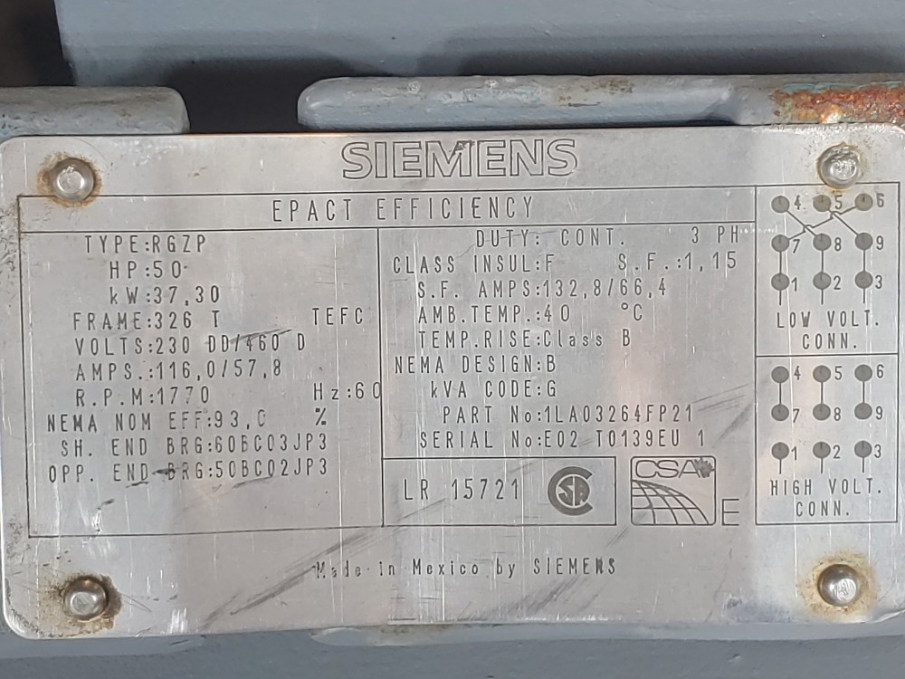 Siemens 50HP Epact Efficiency 1770 RPM Motor Type RGZP - 1LA03264FP21