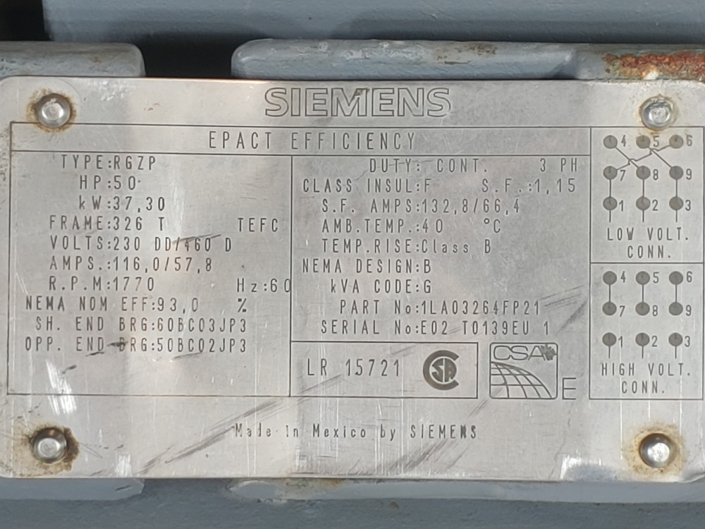 Siemens 50HP Epact Efficiency 1770 RPM Motor Type RGZP - 1LA03264FP21