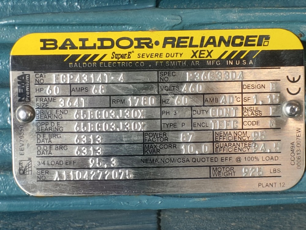 Baldor Reliance 60HP Electric Motor 1780 RPM Cat#: ECP4314T-4