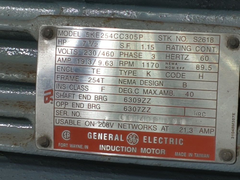 GE Motor 7-1/2HP Electric  Motor 1170 RPM Model#; 5KE254CC305P