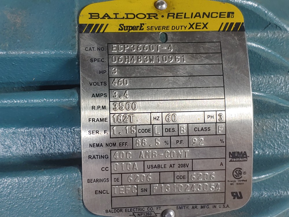 Baldor Reliance 3HP Severe-E Duty Motor 3500 RPMS ECP3660T-4