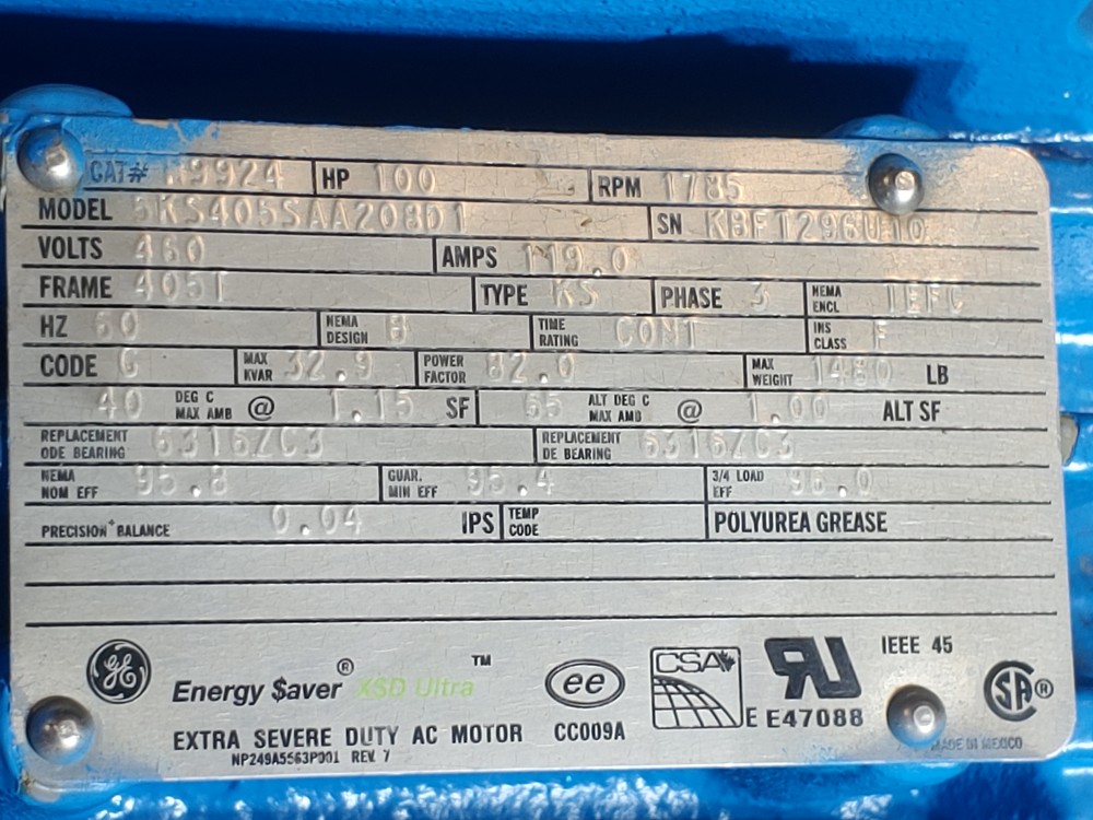 GE Motor 100HP Extra Severe Duty AC  Motor 1170 RPM Model#; 5KS405SAA20801