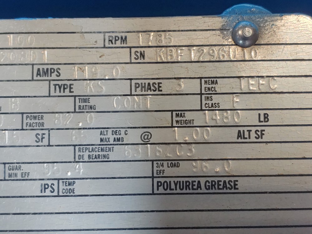 GE Motor 100HP Extra Severe Duty AC  Motor 1170 RPM Model#; 5KS405SAA20801