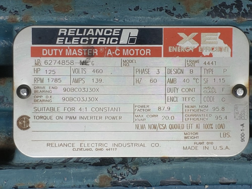 Reliance 125 HP Electric A-C Motor,  1785 RPM,  Cat#: 6274858-ME C
