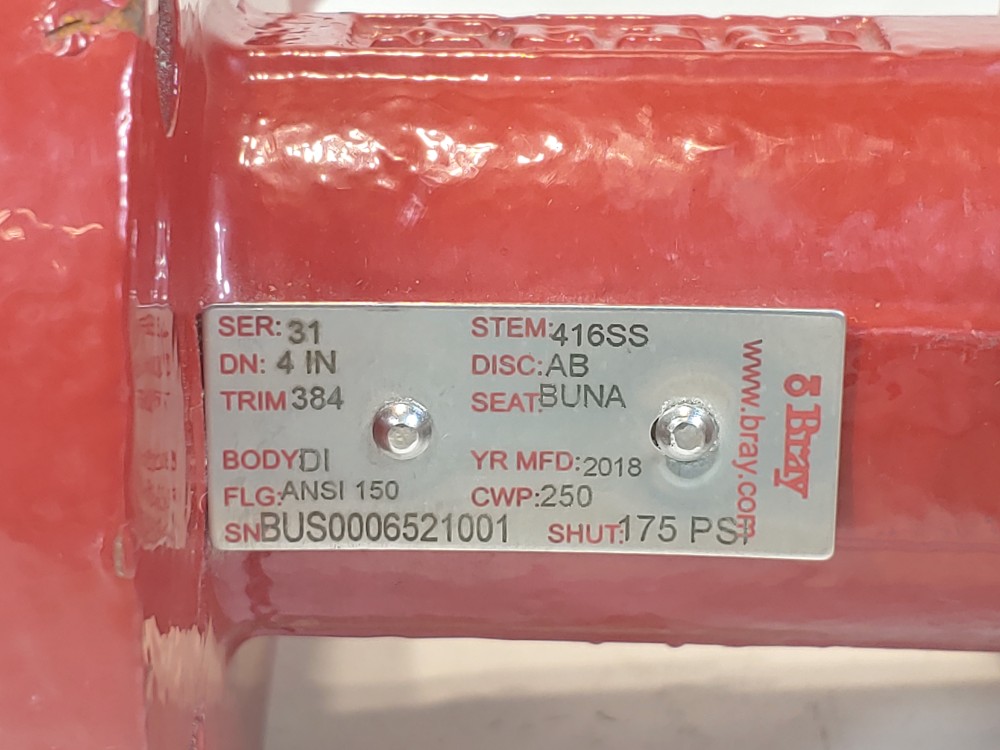 Bray 4" 250 CWP Series 31 Lug Butterfly Valve
