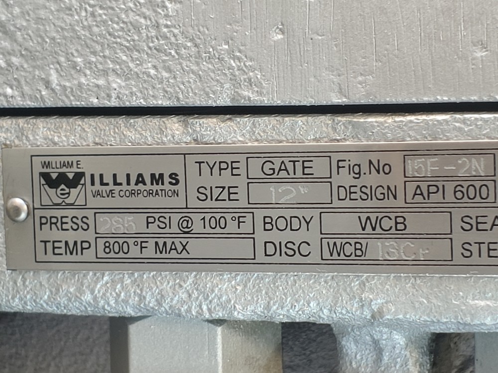 Williams 12" 150# RF WCB Gate Valve Fig# 15F-2N