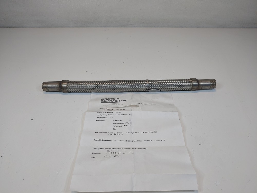 Branham Corp. Braided Flex Hose 3/4" x 18" 321SS, Fitting 3/4" MNPT Both Ends