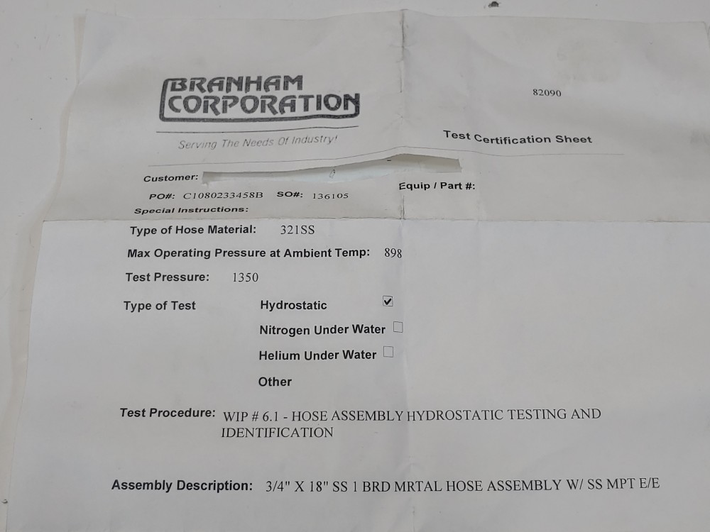 Branham Corp. Braided Flex Hose 3/4" x 18" 321SS, Fitting 3/4" MNPT Both Ends