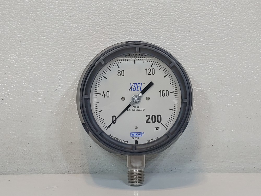 WIKA 9834031 Filled Pressure Gauge 0-200 PSI, 4.5 Dial 1/2" NPT Lower Mount 