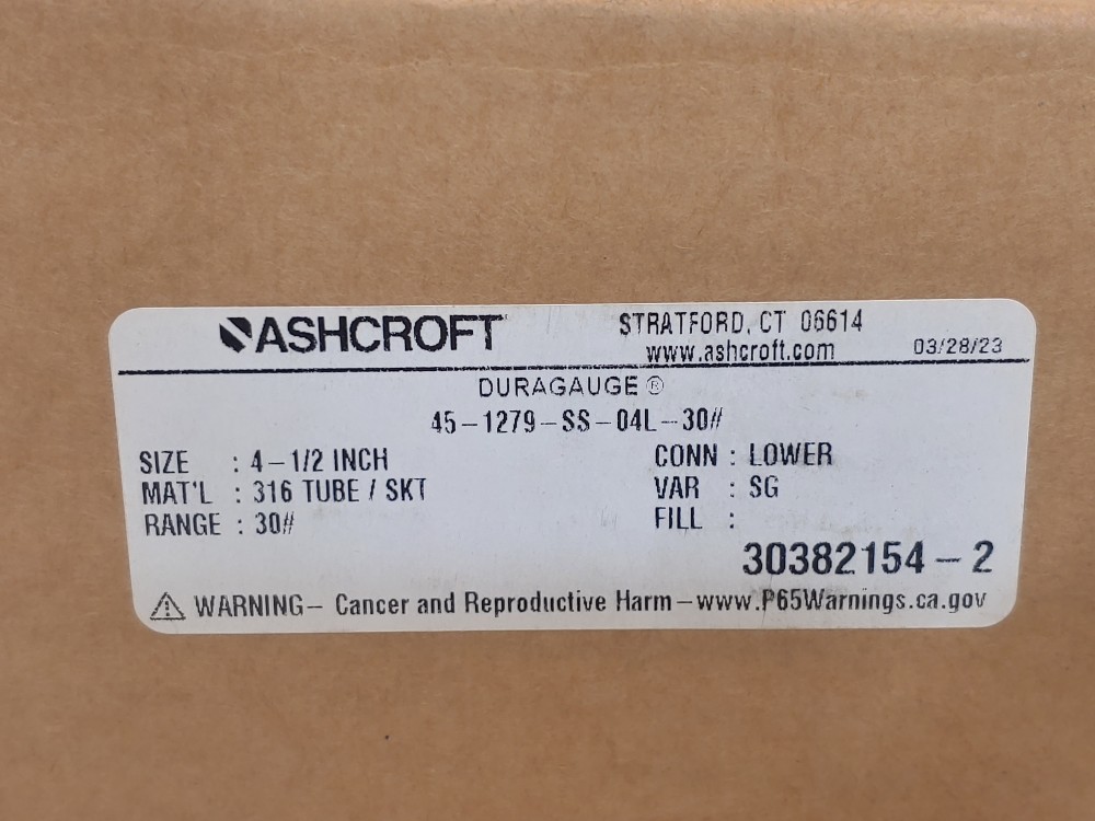 Ashcroft 45-1279-SS-04L Pressure Duraguage 0-30PSI, 4.5 Dial 1/2" NPT LM