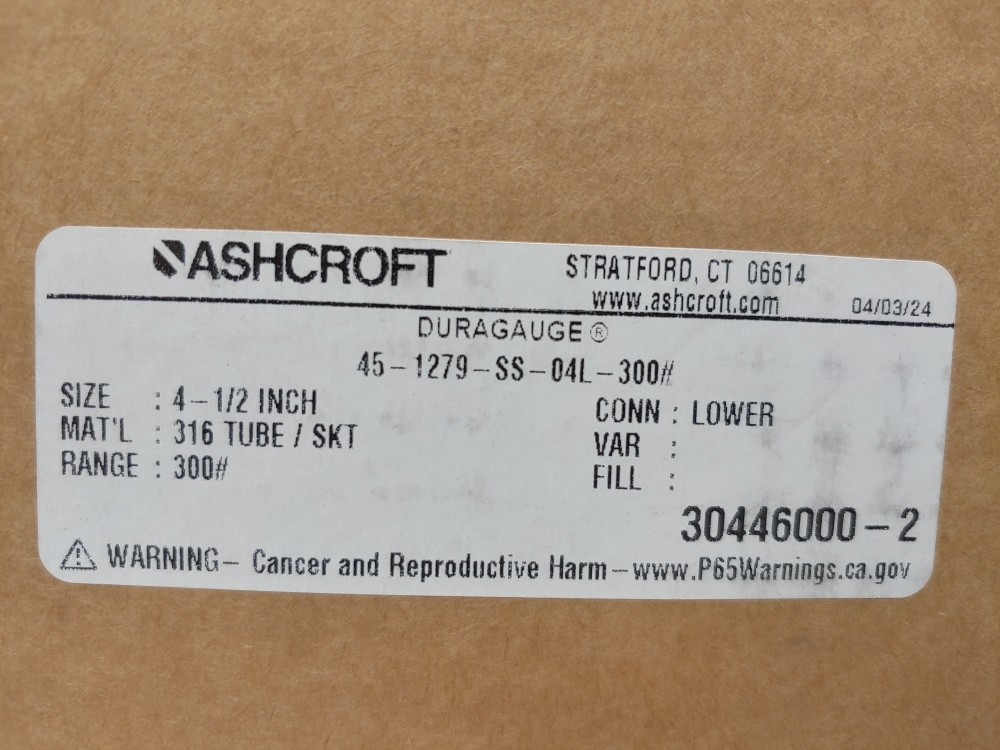 Ashcroft 45-1279-SS-04L-300# Pressure Duraguage 0-300psi 4.5 Dial 1/2" NPT LM