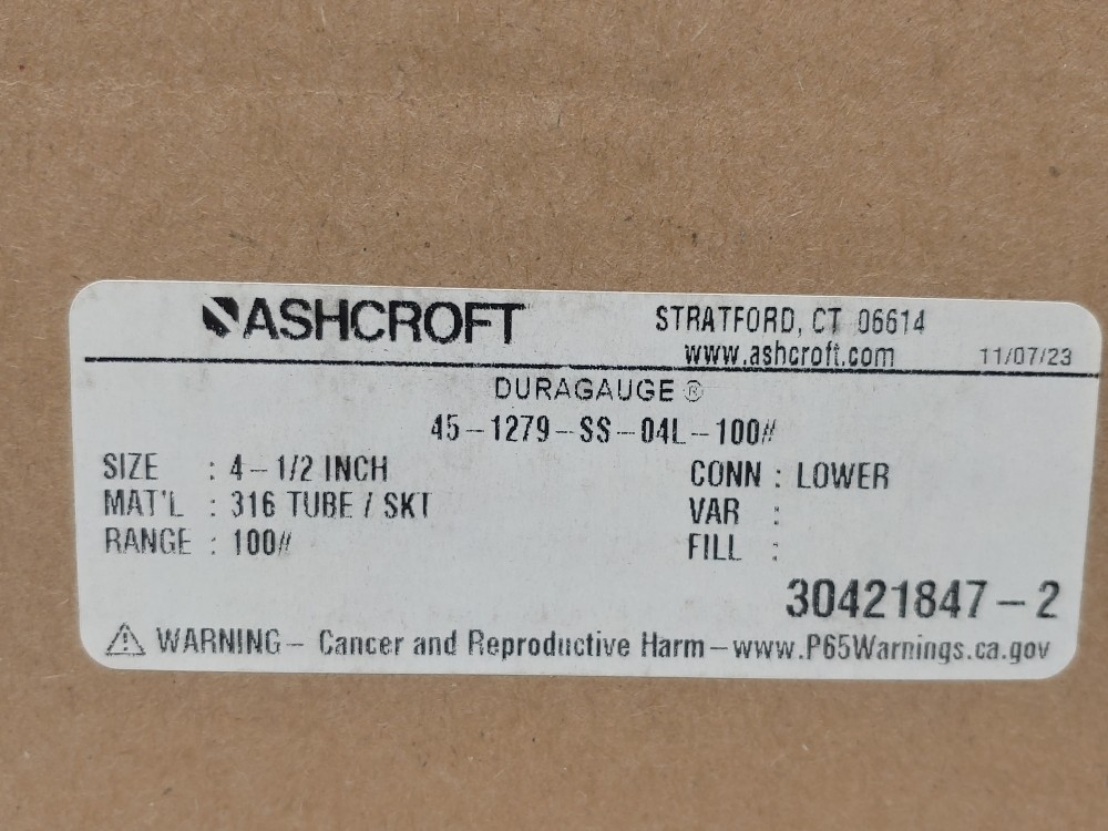 Ashcroft 45-1279-SS-04L-100# Pressure Duraguage 0-100PSI, 4.5 Dial 1/2" NPT LM