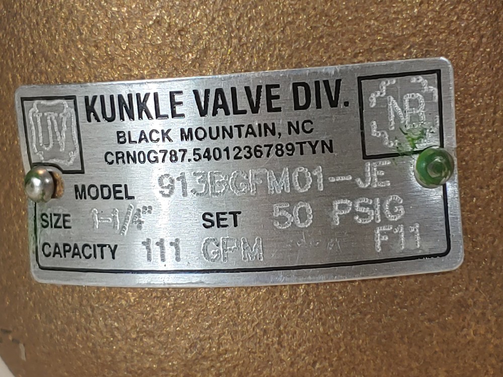 Kunkle 1-1/4" X 2" Safety Relief Valve Model#: 913BGFM01-JE, 50 PSIG