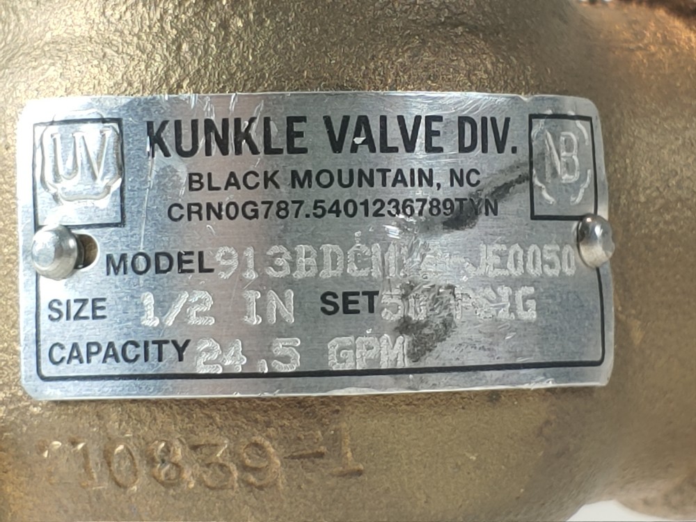 Kunkle 1/2" X 1" Safety Relief Valve Model#: 913BDCM12-JE0050