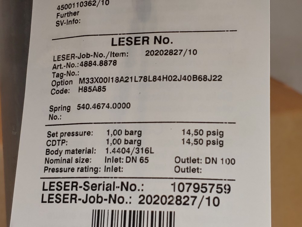 Leser 4884.8878 Pressure Relief Valve
