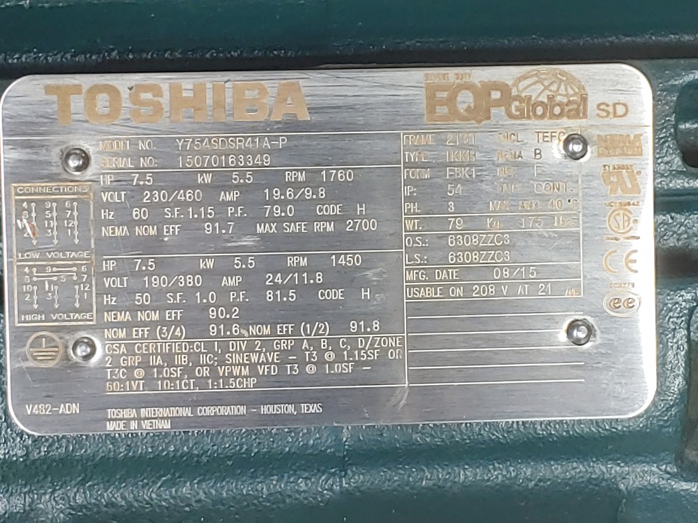 Toshiba 7.5HP High Efficiency AC Induction Motor  Y754SDSR41A-P