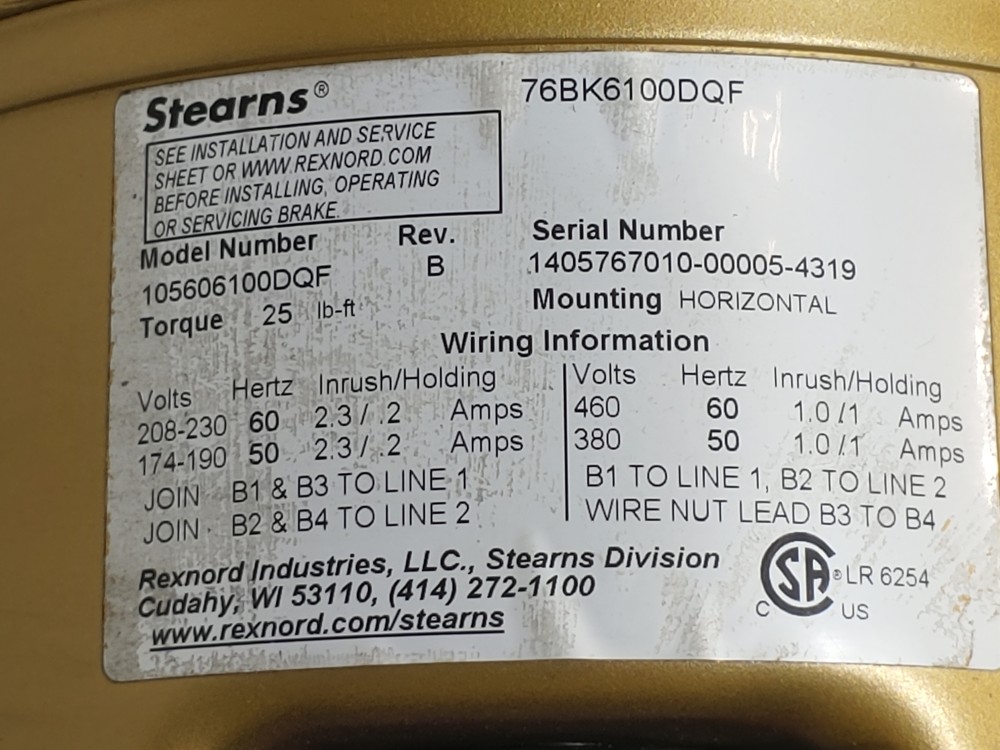 Stearns Brake  w/ Baldor Reliance 5 HP Electric Motor 1750 RPM Cat#: EBM3615T